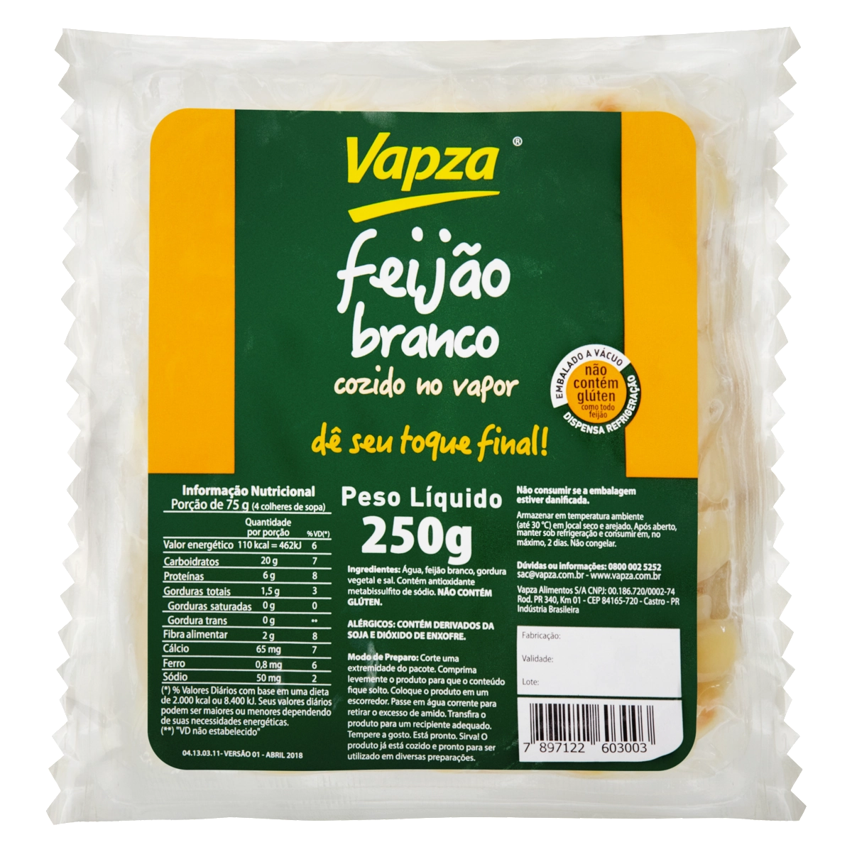 Feijão Branco Cozido No Vapor Vapza Pacote 250g
