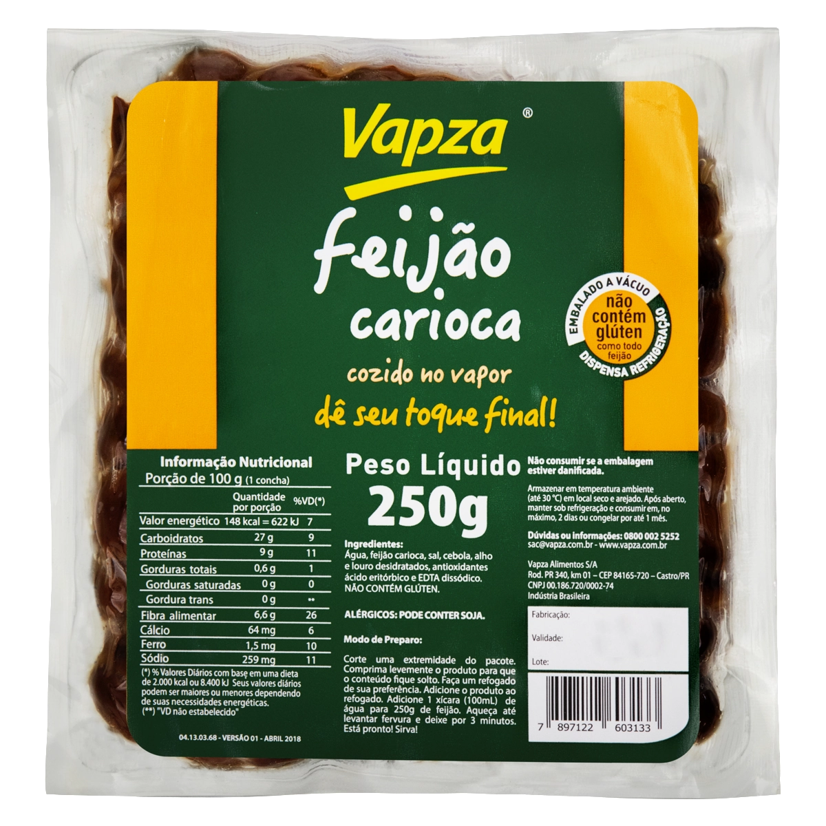 Feijão Carioca Cozido no Vapor Vapza Pacote 250g