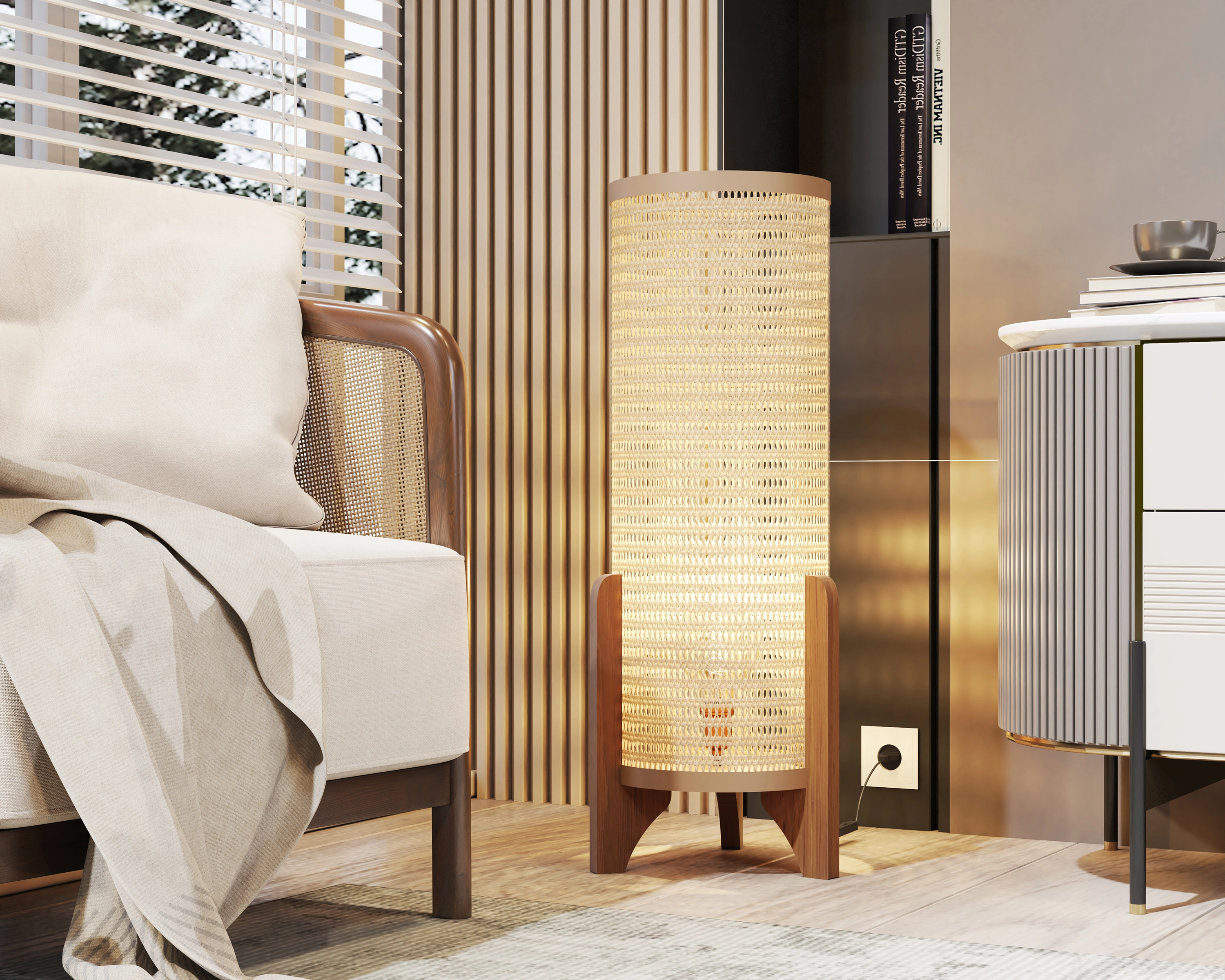 Abajur De Chão Pé De Madeira E Rattan Moderno Escandinavo