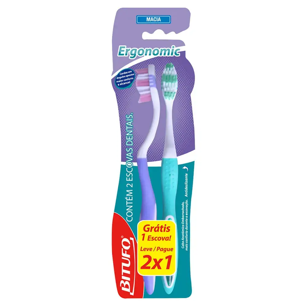 Kit Escova de Dentes Bitufo Ergonomic Macia - Pague 1, Leve 2