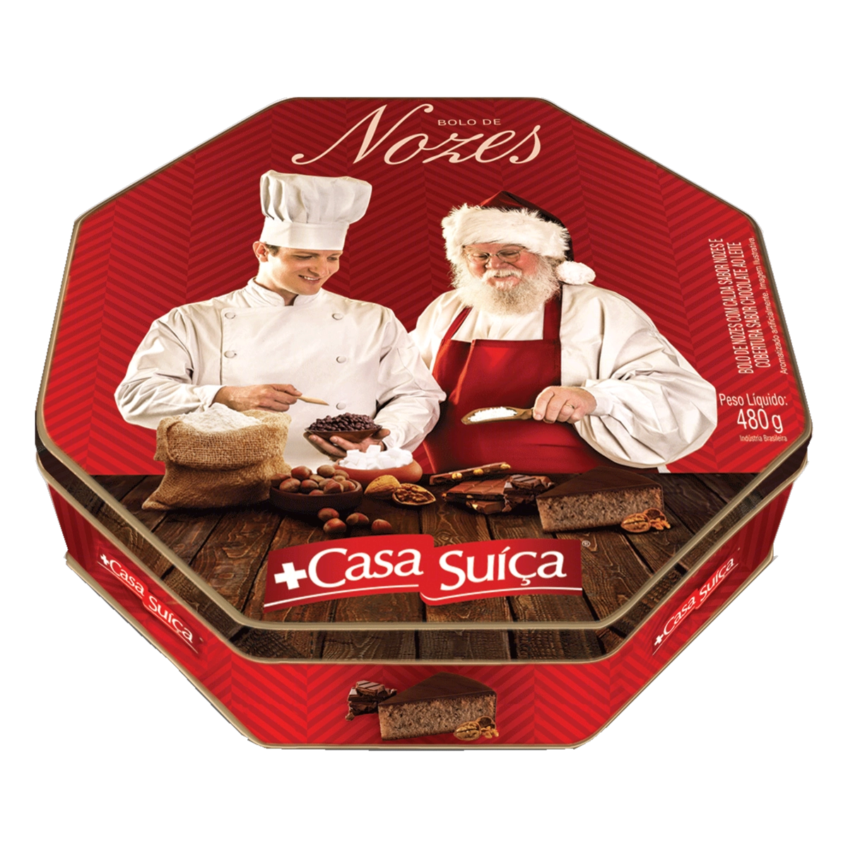 Bolo Nozes Cobertura Chocolate Ao Leite Natal Casa Suíça Lata 480g