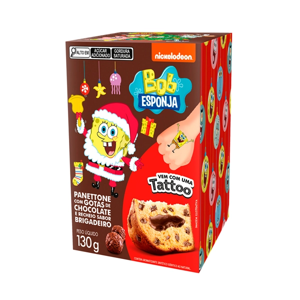 Mini Panettone com Gotas de Chocolate Recheio Brigadeiro Bob Esponja Casa Suíça Caixa 130g Vem com T