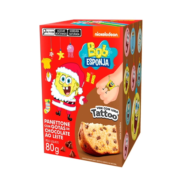 Mini Panettone com Gotas de Chocolate ao Leite Bob Esponja Casa Suíça Caixa 80g Vem com Tattoo