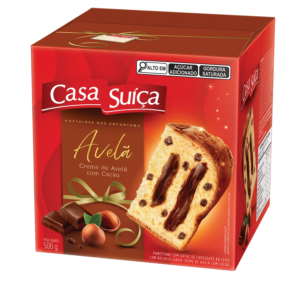 Panettone com Gotas de Chocolate ao Leite Recheio Creme de Avelã Casa Suíça Caixa 500g