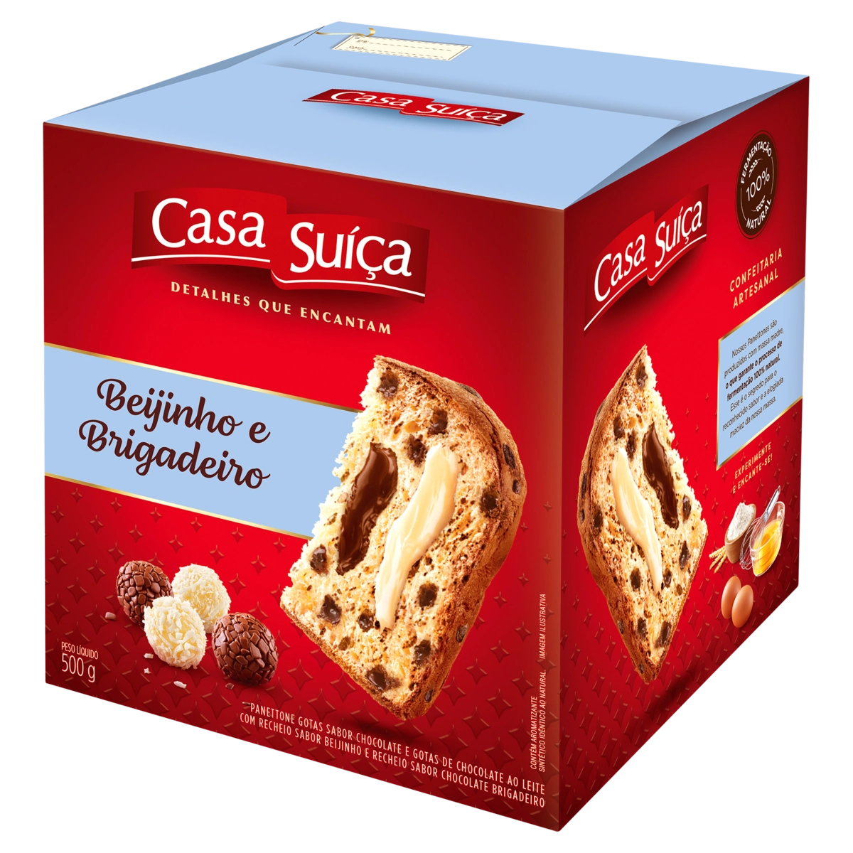 Panettone com Gotas de Chocolate ao Leite Recheio Beijinho e Brigadeiro Casa Suíça Caixa 500g