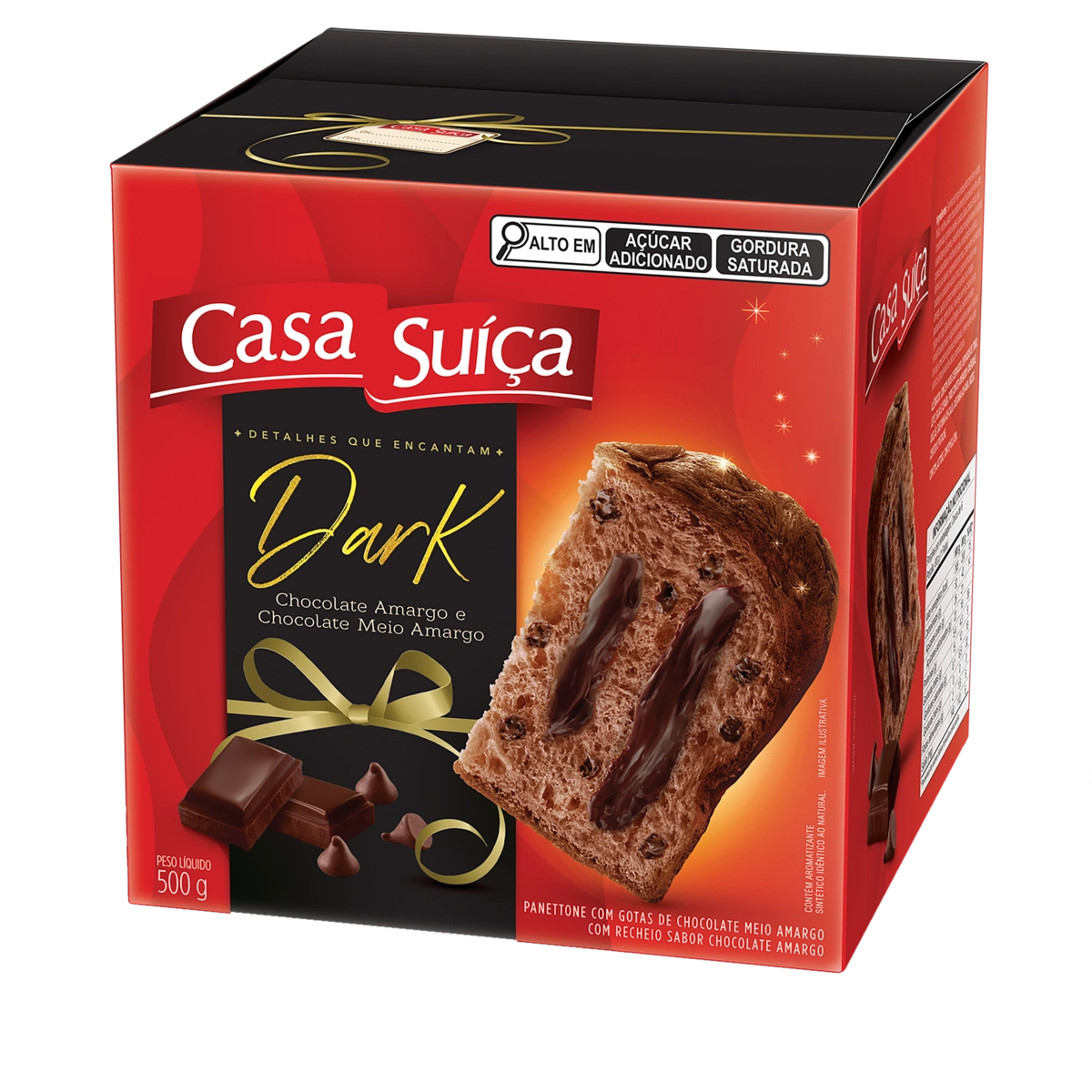 Panettone com Gotas de Chocolate Amargo e Cacau Recheio Dark Casa Suíça Caixa 500g