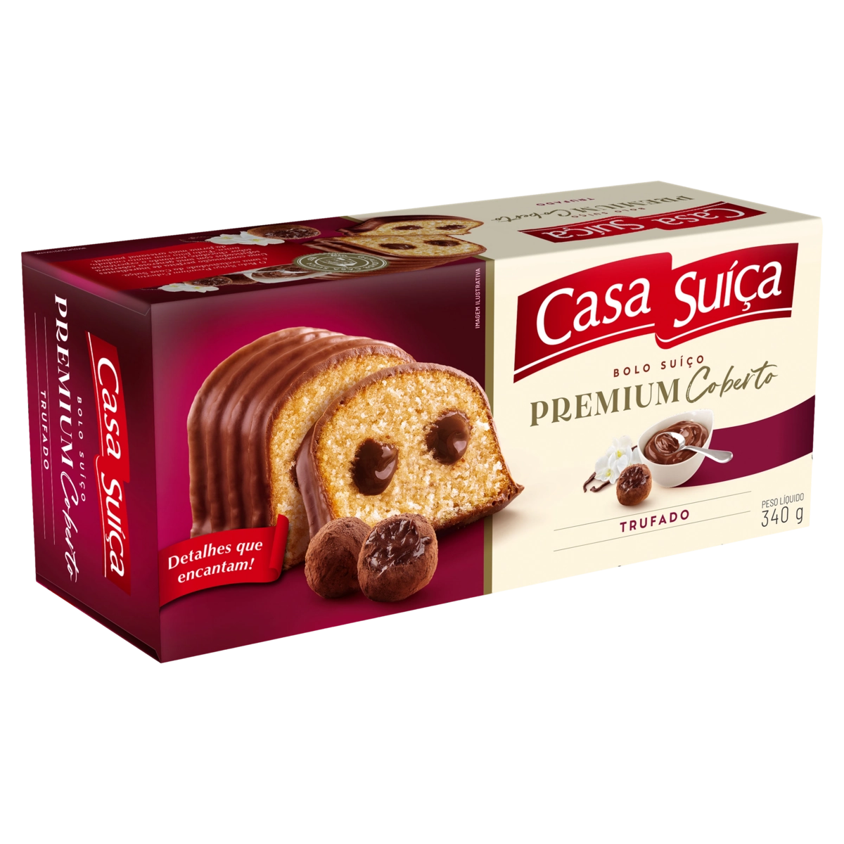 Bolo Suíço Baunilha Recheio Trufado Chocolate Amargo Cobertura Chocolate Casa Suíça Premium Caixa 34