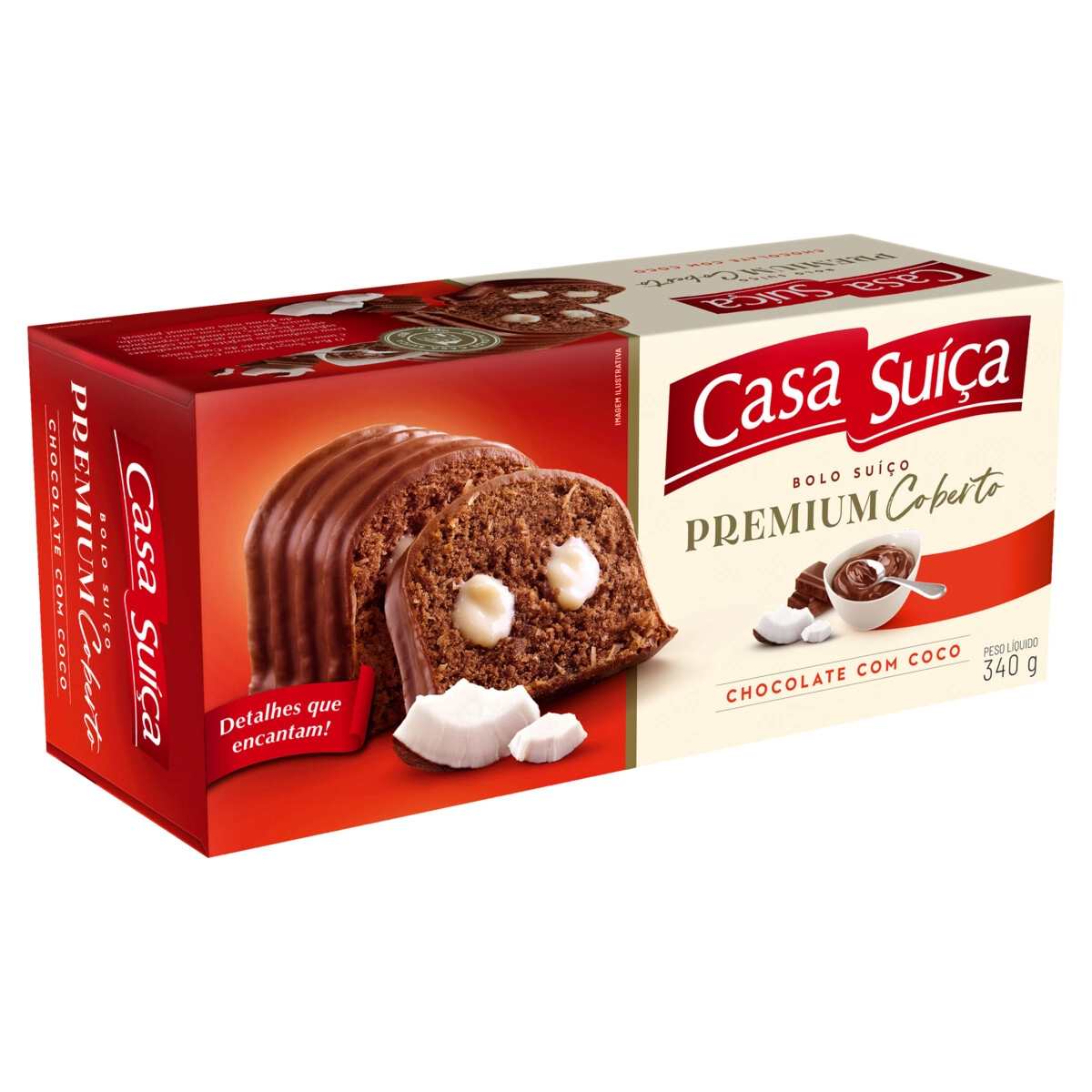 Bolo Suíço Chocolate com Coco Recheio Coco Cobertura Chocolate Casa Suíça Premium Caixa 340g
