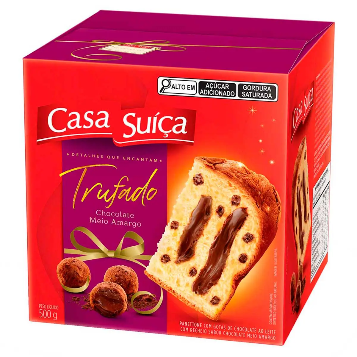Panettone com Gotas de Chocolate ao Leite Recheio Trufado Chocolate Meio Amargo Casa Suíça Caixa 500g