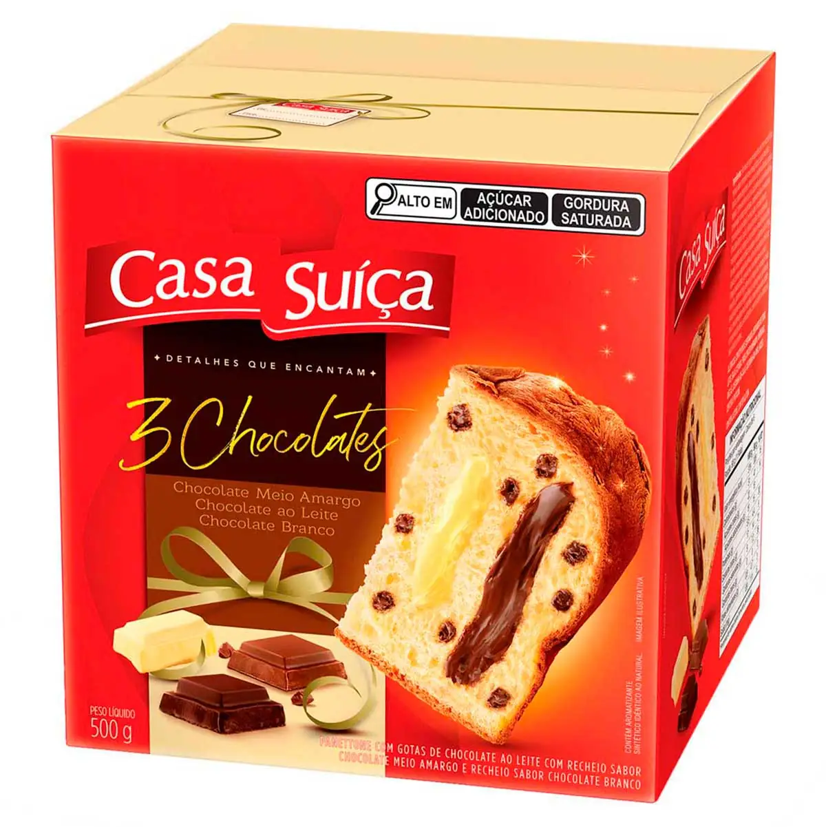 Panettone com Gotas de Chocolate ao Leite Recheio 3 Chocolates Casa Suíça Caixa 500g