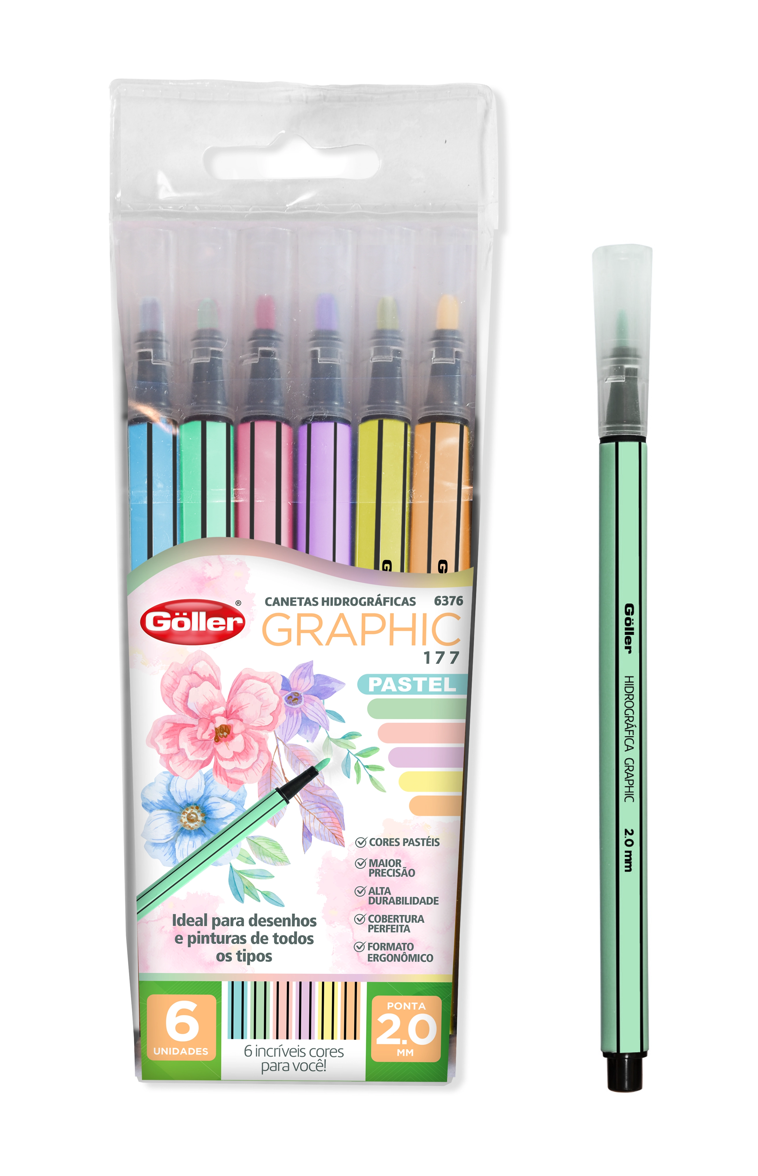Caneta Hidrogr¿fica Graphic Pastel 2.0mm Estojo Com 6 Canetas G 1376 D