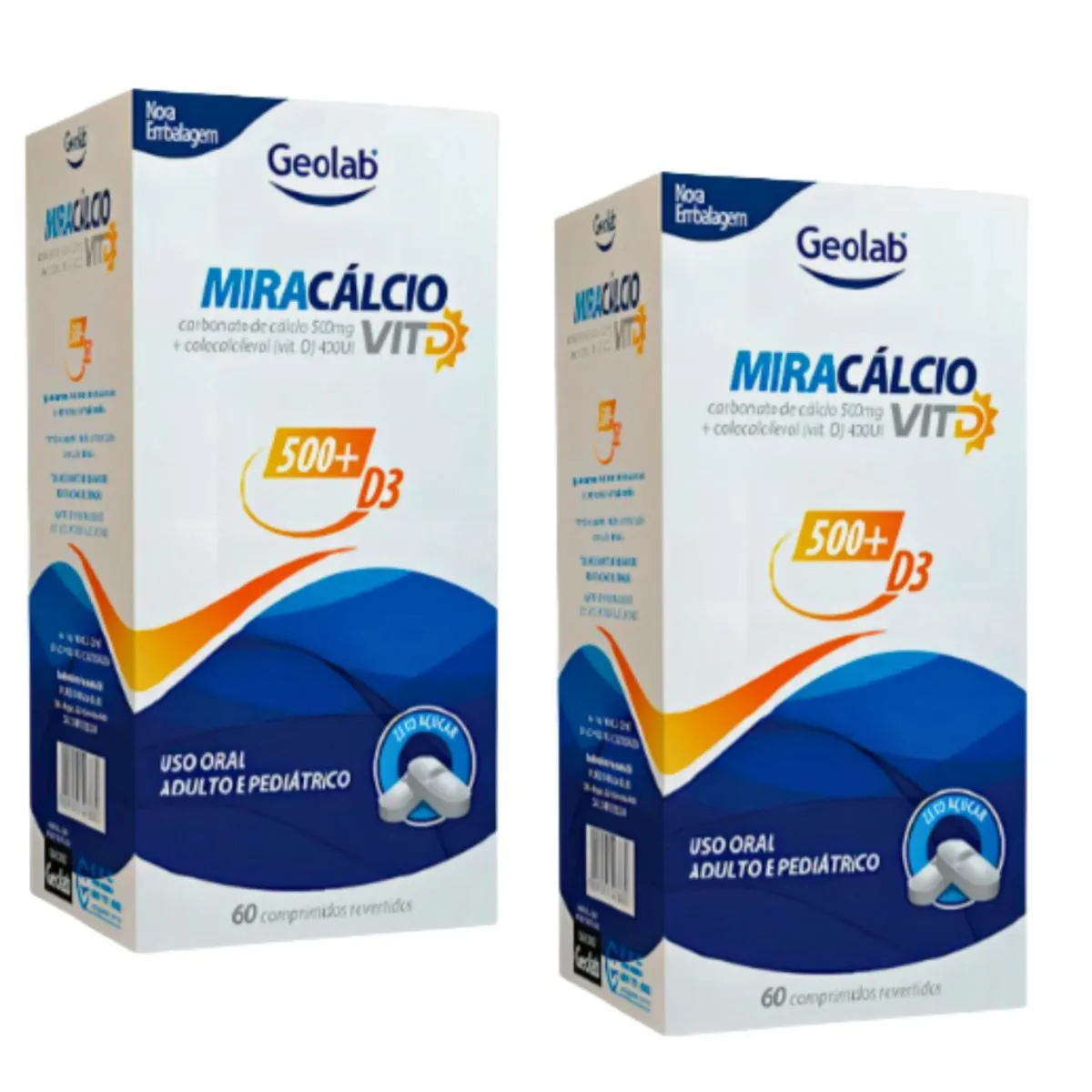 Calcio 500mg com vitamina D3 400Ui Combo 2 Caixas Miracalcio