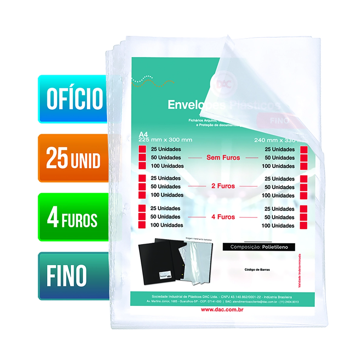 Envelope Plástico Ofício 4 Furos Fino Dac 25 Unidades