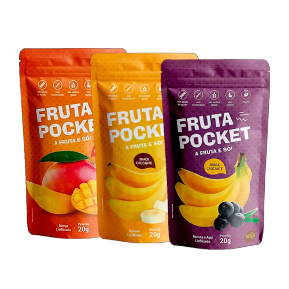 Kit 3 Snacks de Fruta Liofilizada Solo: Manga, Banana, Açaí com Banana