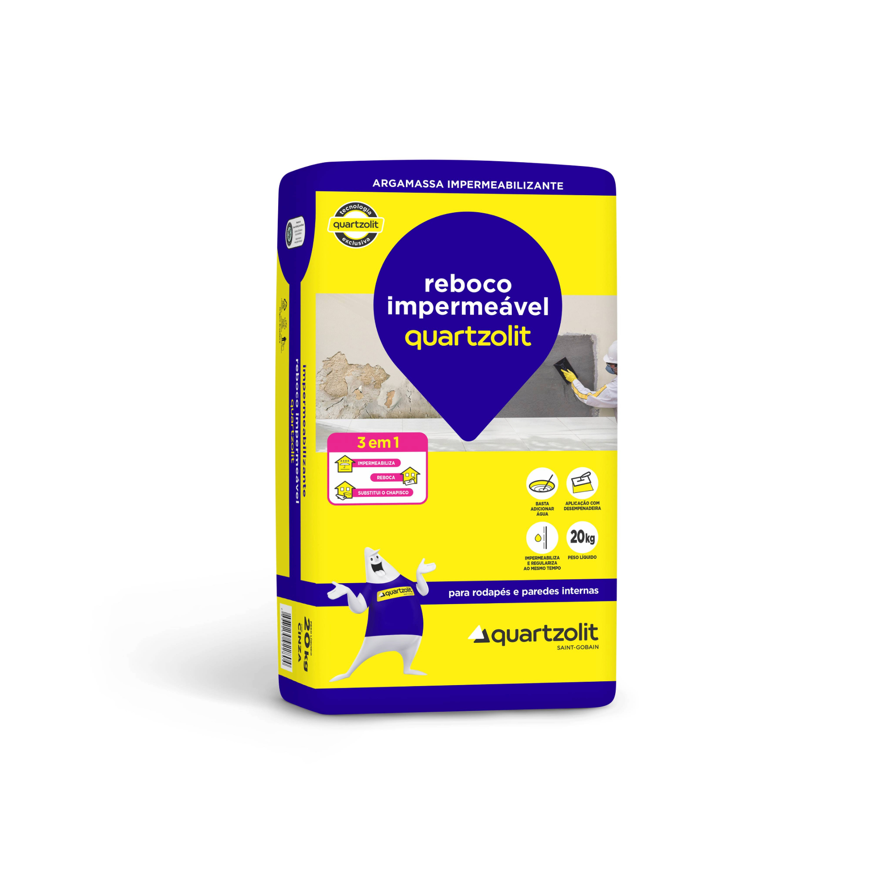 Argamassa Monocomponente Quartzolit Reboco Impermeável 20kg Cinza