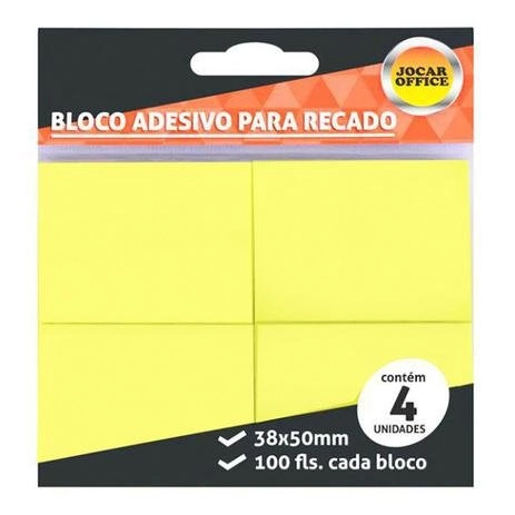 Bloco Adesivo Jocar 38mmx50mm Amarelo 4 Blocos C/100fls