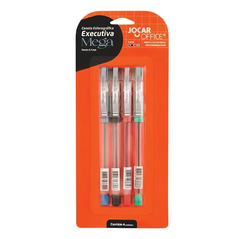 Caneta Esf. Mega 0.7 Blister Azl/prt/verm/vrd Jocar Office