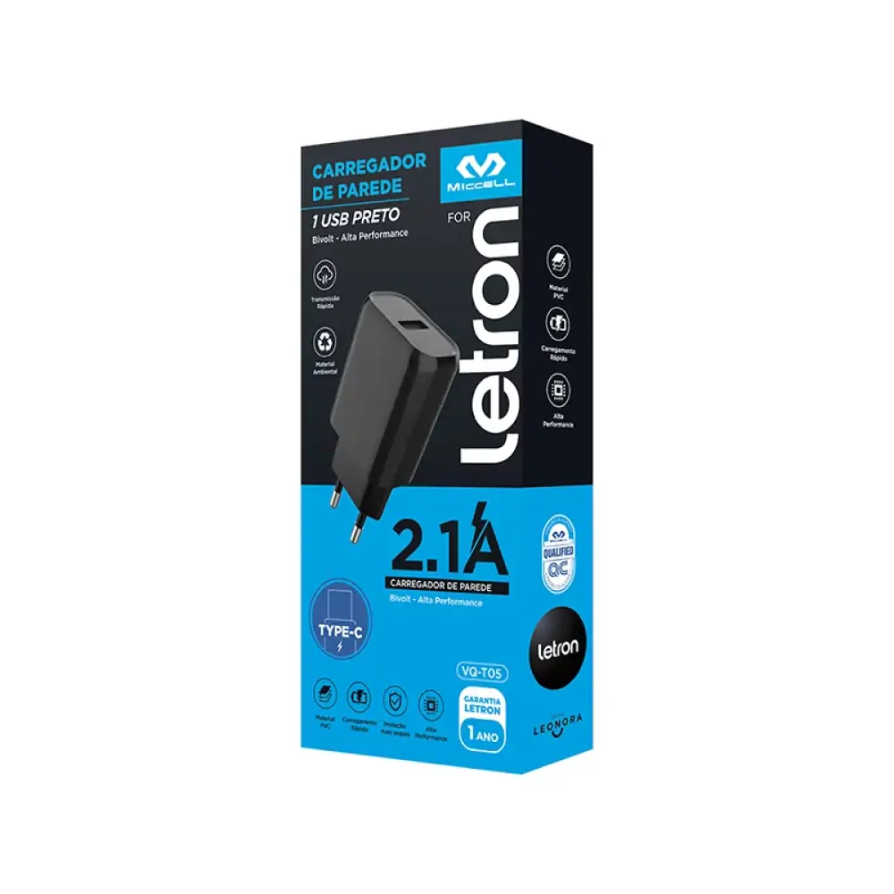 Carregador Parede 1 Usb Preto Vqt05 2.1a 74666 Leonora