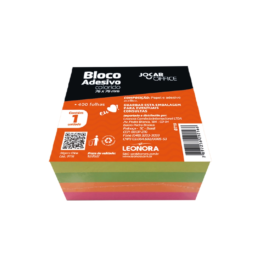 Bloco Adesivo Colorido 76x76mm C/400fl