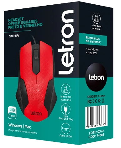 Mouse Optico Office Squares Preto E Vermelho Fio Usb Ergonomico Leonora