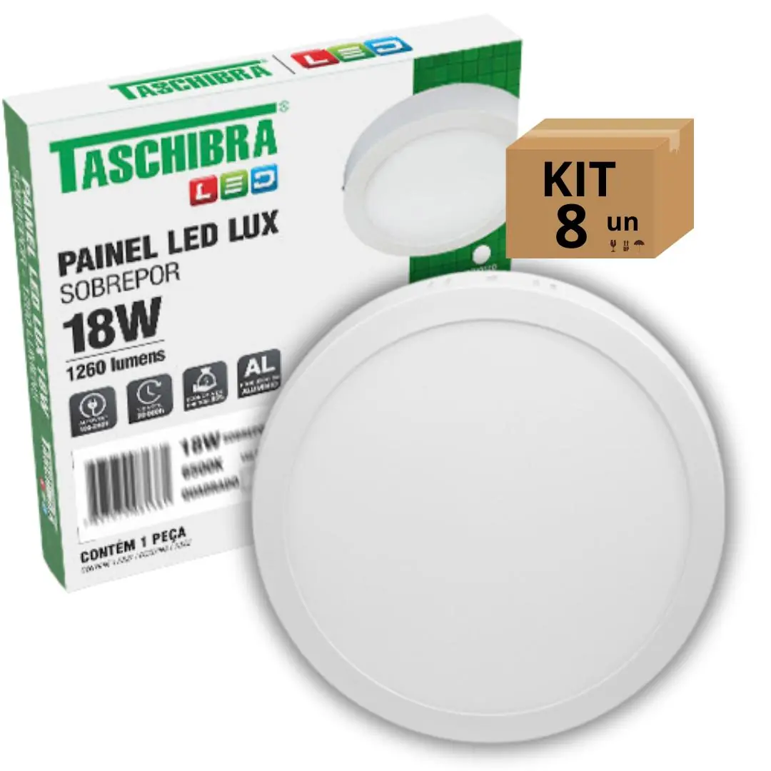 Kit 8un Painel Led Taschibra Sobrepor Redondo 18w 6500k