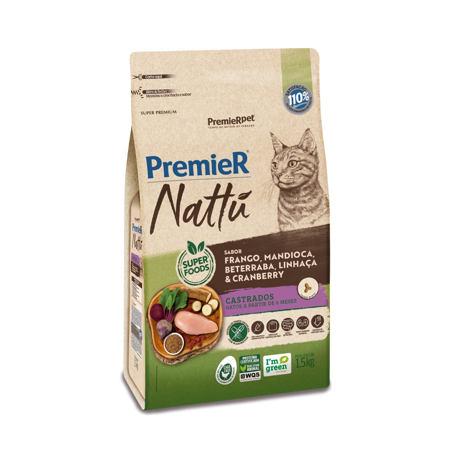 Ração Seca Premier Nattu Sabor Mandioca Para Gatos Castrados 1.5 Kg