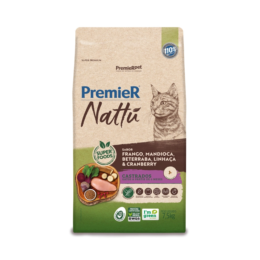 Ração Seca Premier Nattu Sabor Mandioca Para Gatos Castrados 7.5 Kg
