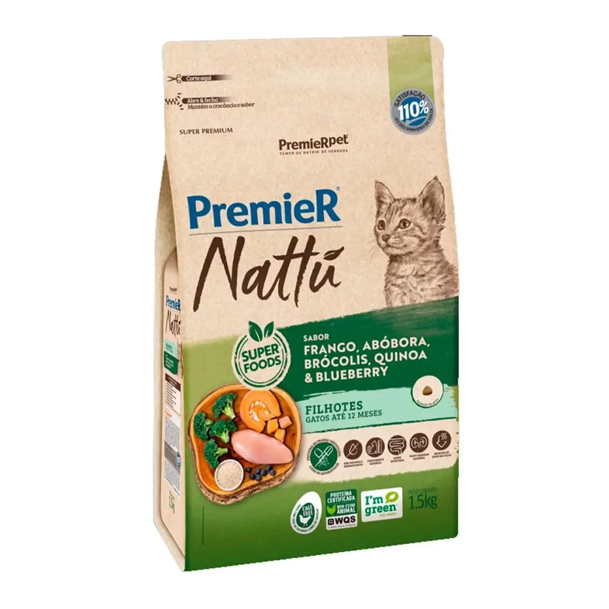 Ração Seca Premier Nattu Sabor Abóbora Para Gatos Filhotes 1.5 Kg
