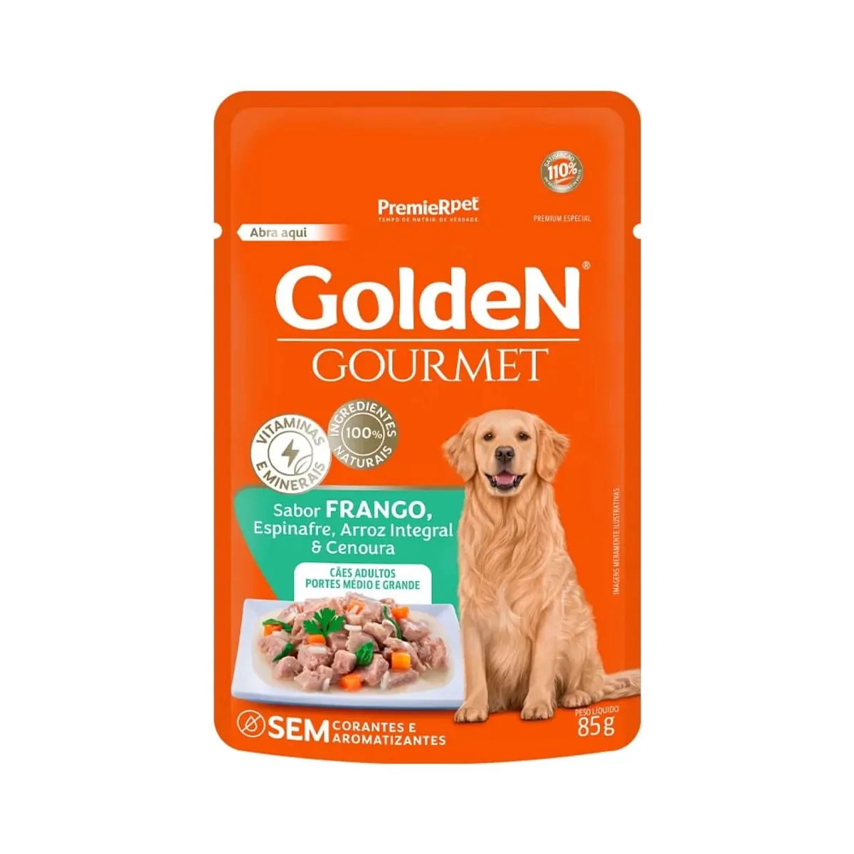 Ração úmida Golden Gourmet Cães Adultos Porte Médio E Grande Sabor Frango 85 Gs