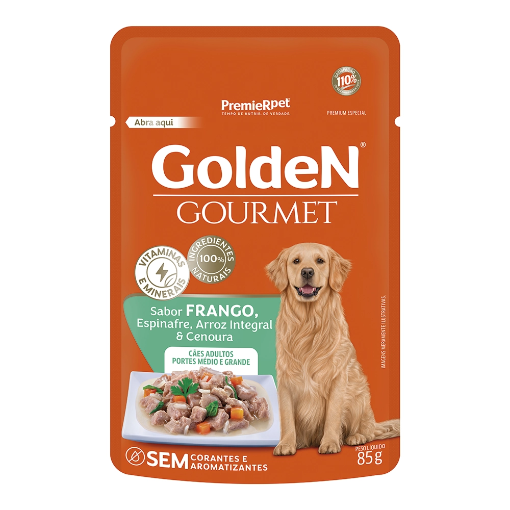 Ração úmida Golden Gourmet Cães Adultos Portes Médio E Grande Sabor Frango 85 Gs