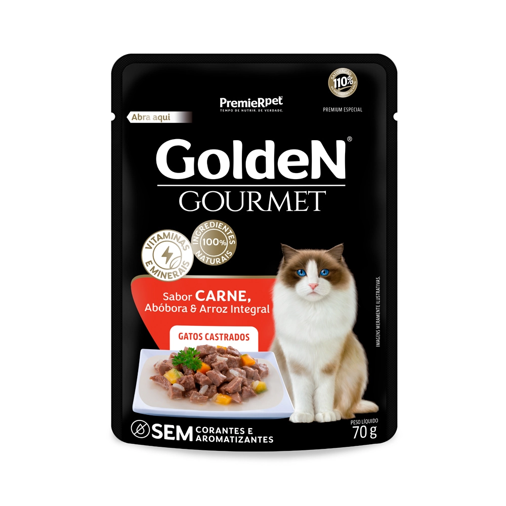 Ração úmida Golden Gourmet Gatos Castrados Sabor Carne 70 G