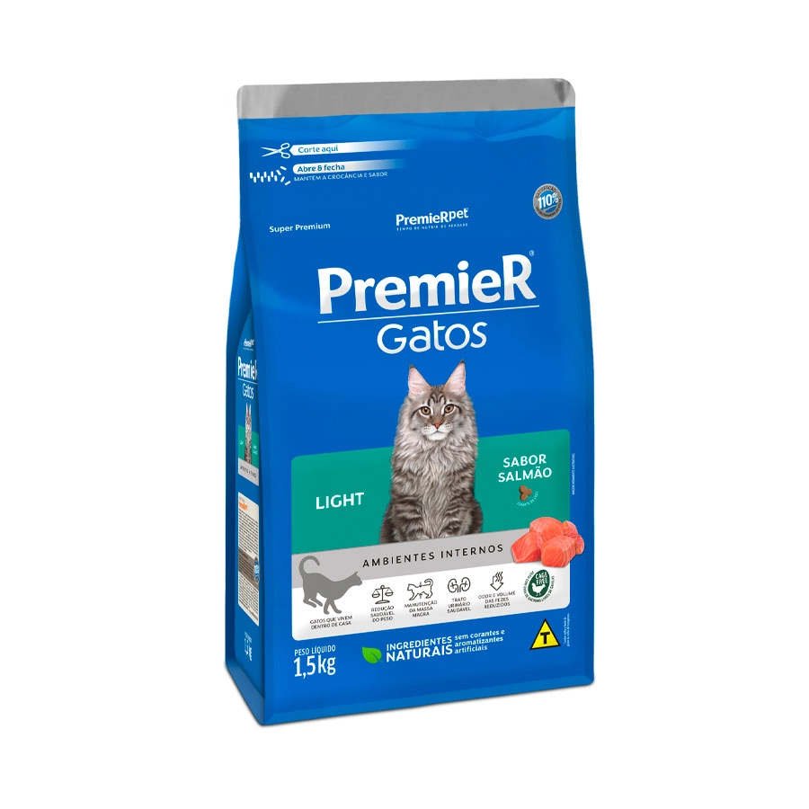 Ração Premier Ambientes Internos Light Para Gatos Adultos Sabor Salmão