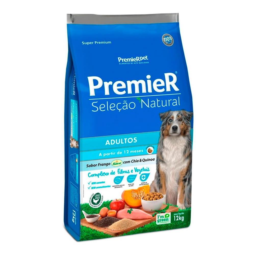 Racao Premier Pet Selecao Natural Para Caes Adultos Sabor Frango Korin Com Chia E Quinoa 12kg