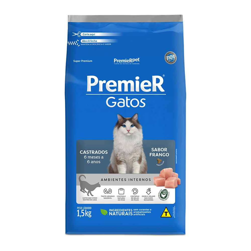 Premier Gatos Castrados 6 Meses A 6 Anos Sabor Frango 1,5 Kg