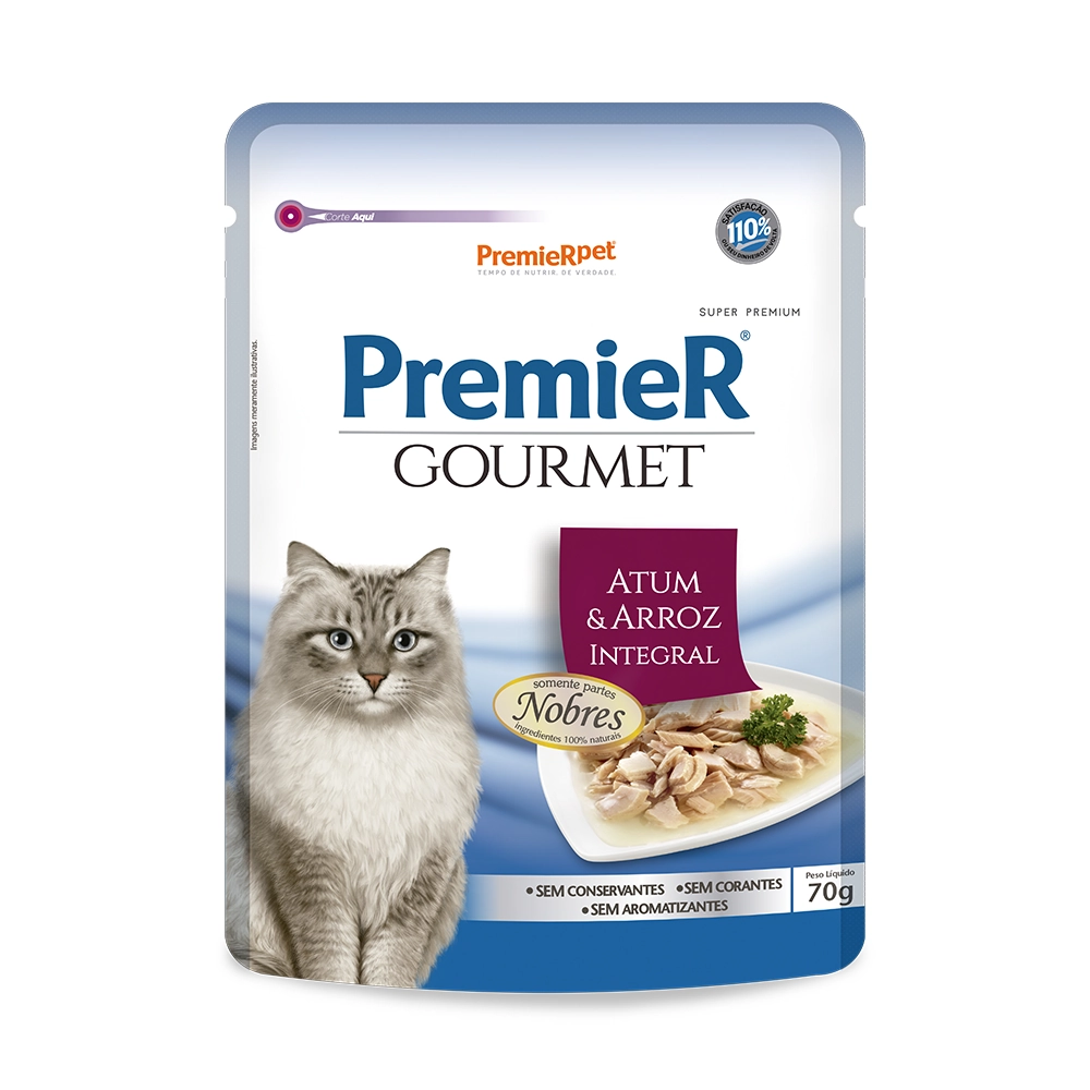 Ração úmida Sache Premier Gourmet Gatos Castrados Sabor Atum E Arroz Integral 70 G