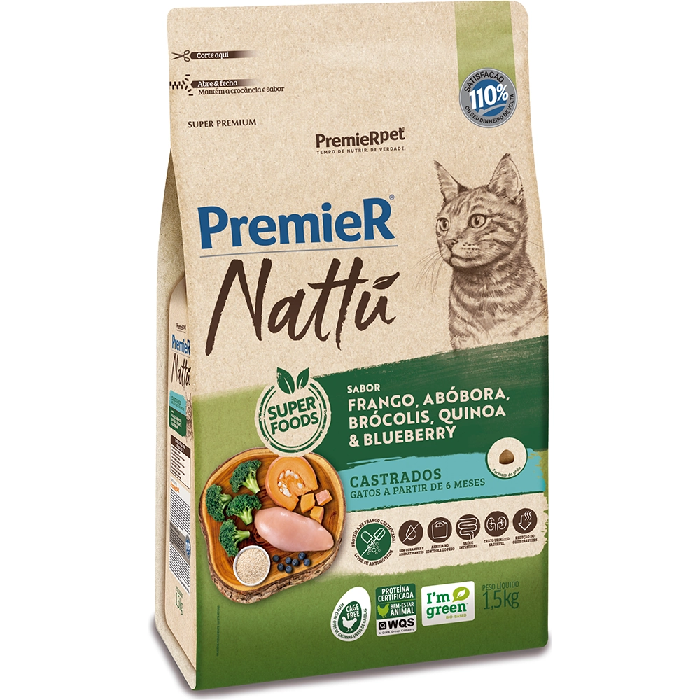 Ração Seca Premier Nattu Sabor Abóbora Para Gatos Castrados 1.5 Kg
