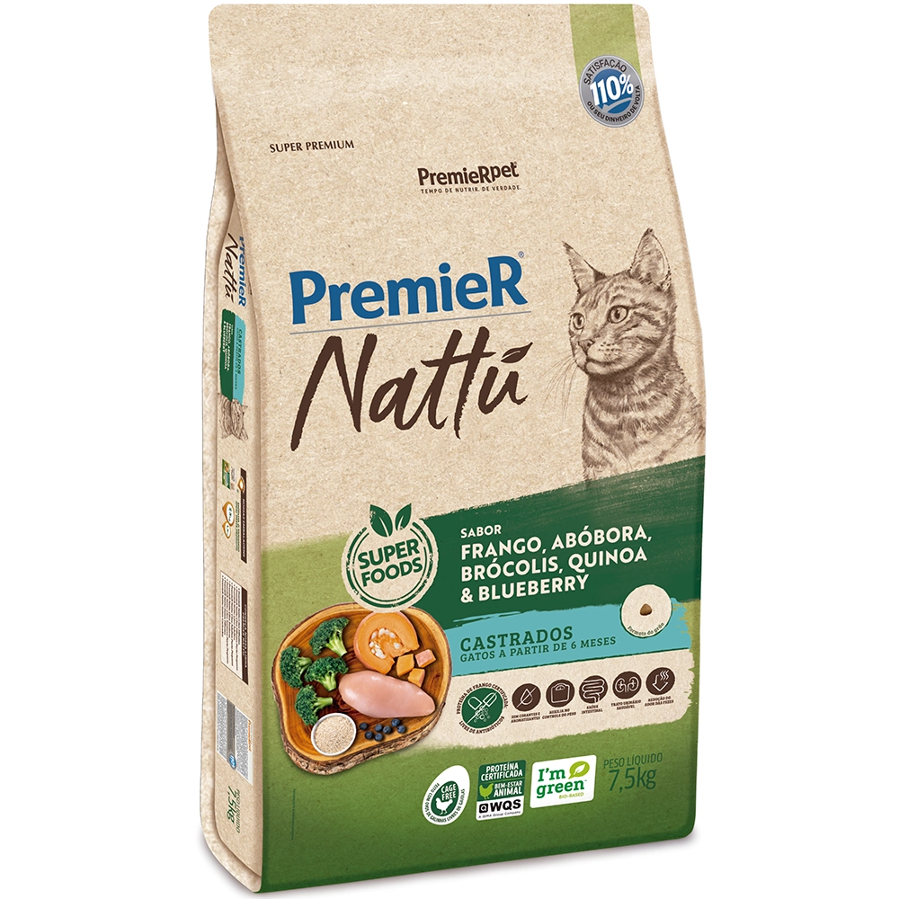 Ração Seca Premier Nattu Sabor Abóbora Para Gatos Castrados 7.5 Kg