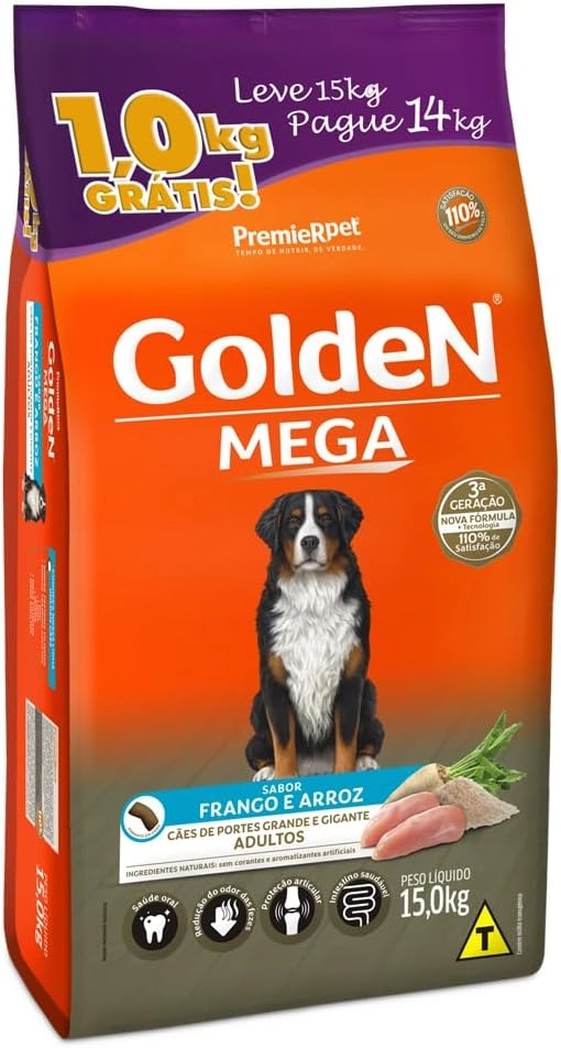Ração Golden Mega Para Cães Adultos Sabor Frango E Arroz Premierpet Leve 14kg Pague 15kg