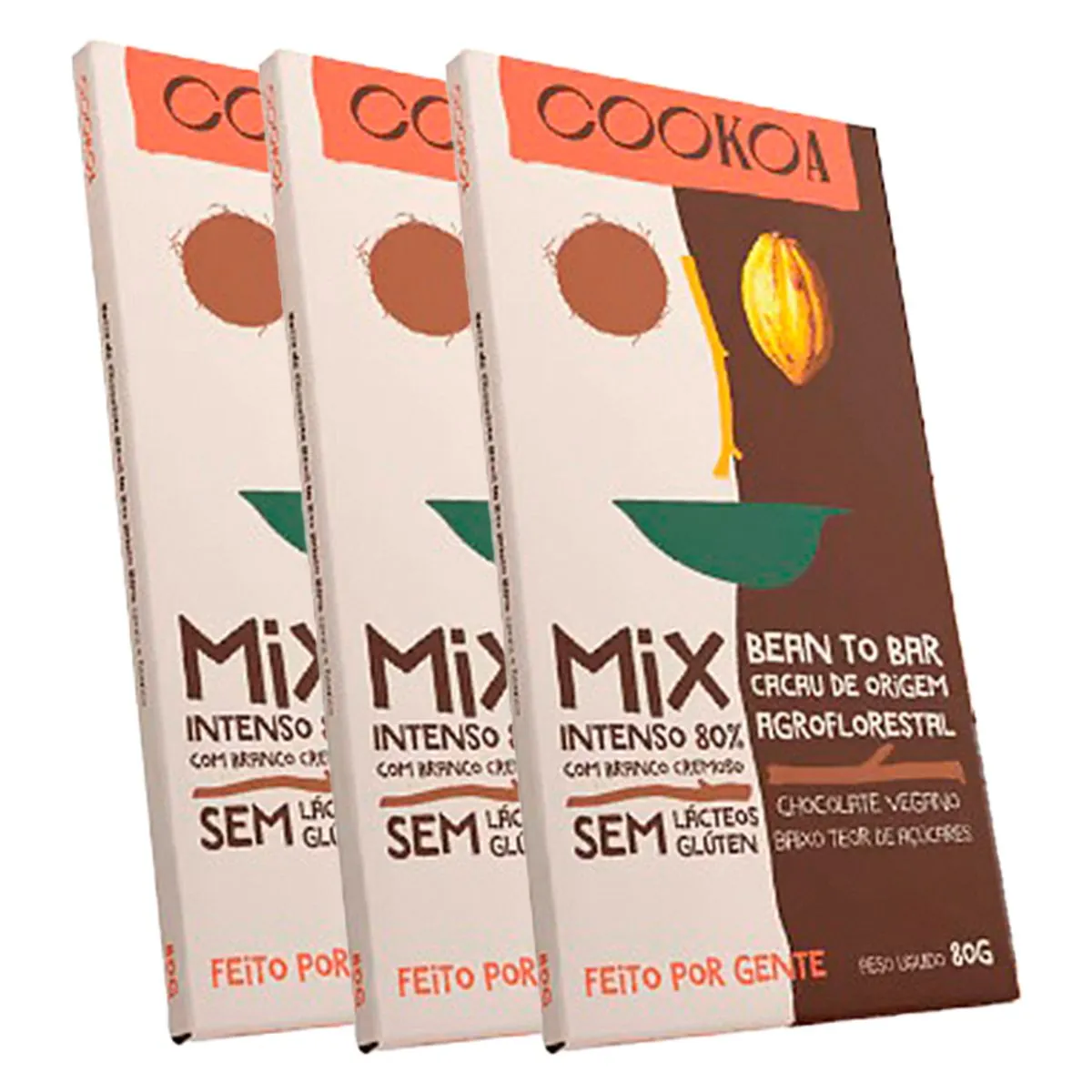 Kit 3X: Chocolate Mix Intenso 80% e Branco Cremoso Vegano Cookoa 80g