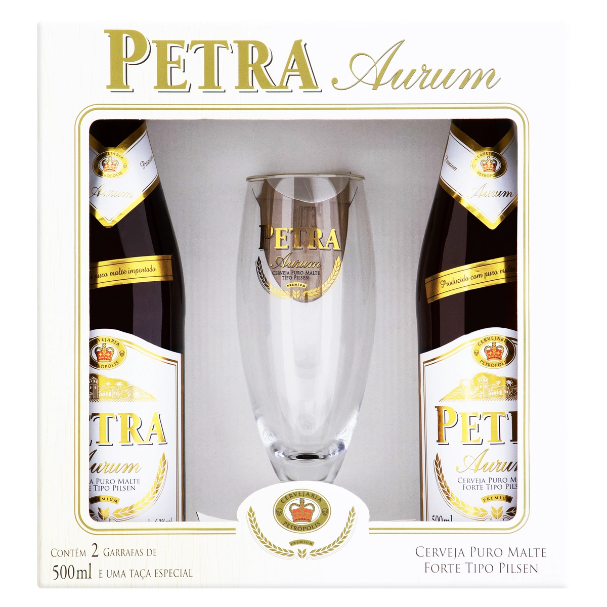 Kit Taça 2 Cervejas Pilsen Puro Malte Aurum Petra Premium 500ml Cada