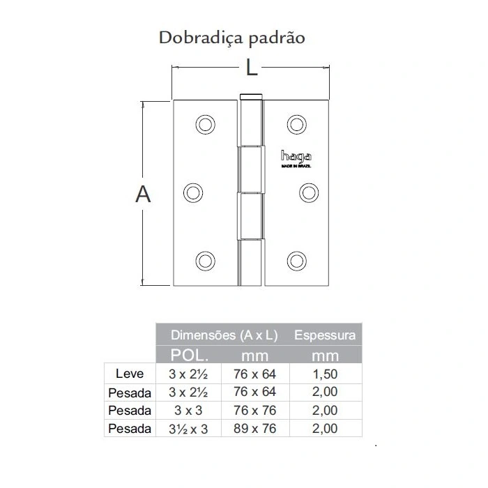 Kit 3 Dobradiças Haga 3½x3 Pino Chato Com Anel - 5757