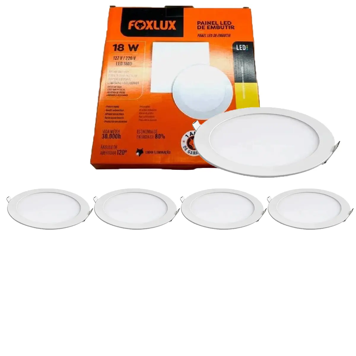 Kit 5 Painel Led Foxlux Redondo Embutir 18w 3000k Branco