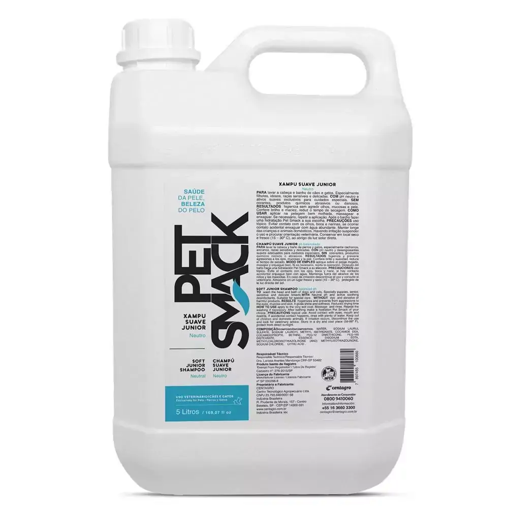 Xampu Pet Smack Suave Junior Neutro para Cães e Gatos - Centagro (5 Litros)