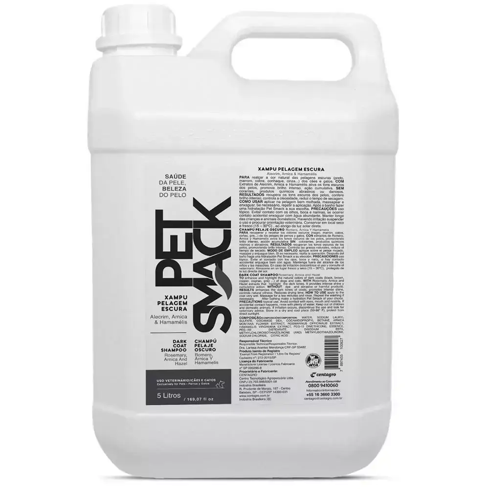 Xampu Pet Smack Pelos Escuros Alecrim, arnica & hamamélis para Cães e Gatos - Centagro (5 Litros)