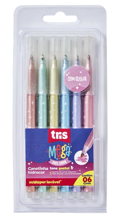 Hidrocor 06 Cores Tris Mega Hidro Color Pastel Com Glitter