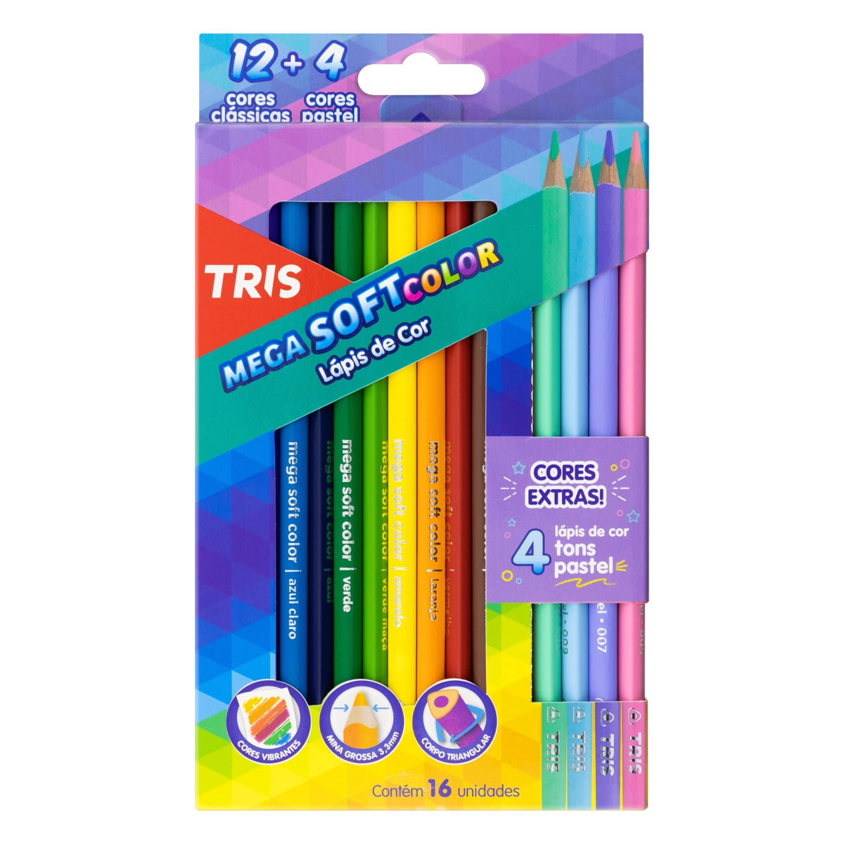 Kit 12 Lápis De Cor Cores Clássicas 4 Tons Pastel Tris Mega Soft Color