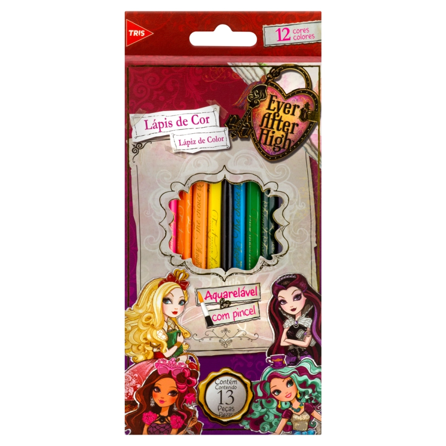 Kit 12 Lápis De Cor Aquarelável 12 Cores 1 Pincel Ever After High Tris