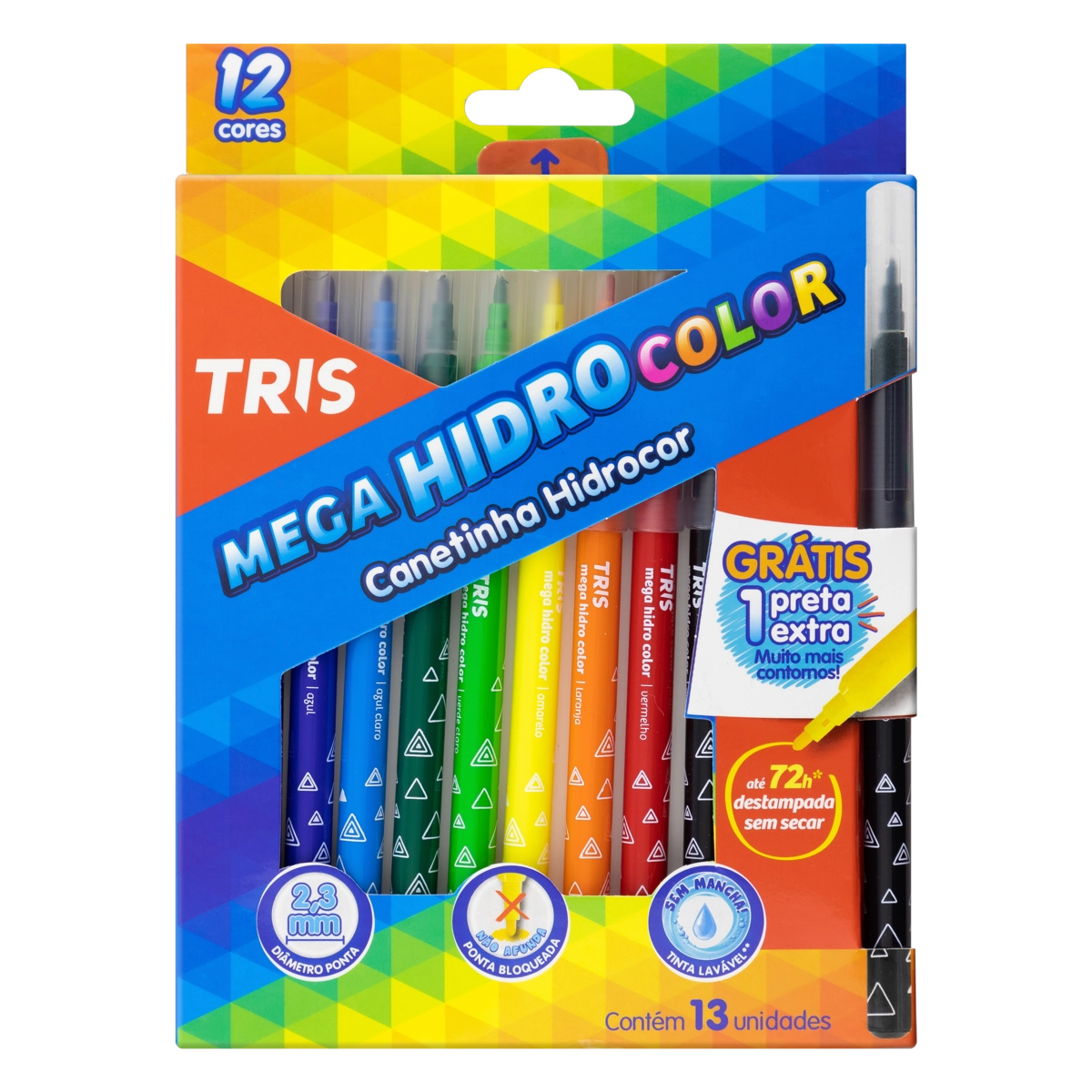 Canetinha Hidrográfica Colorida Tris Mega Hidro Color 13 Unidades Grátis 1 Canetinha Preta