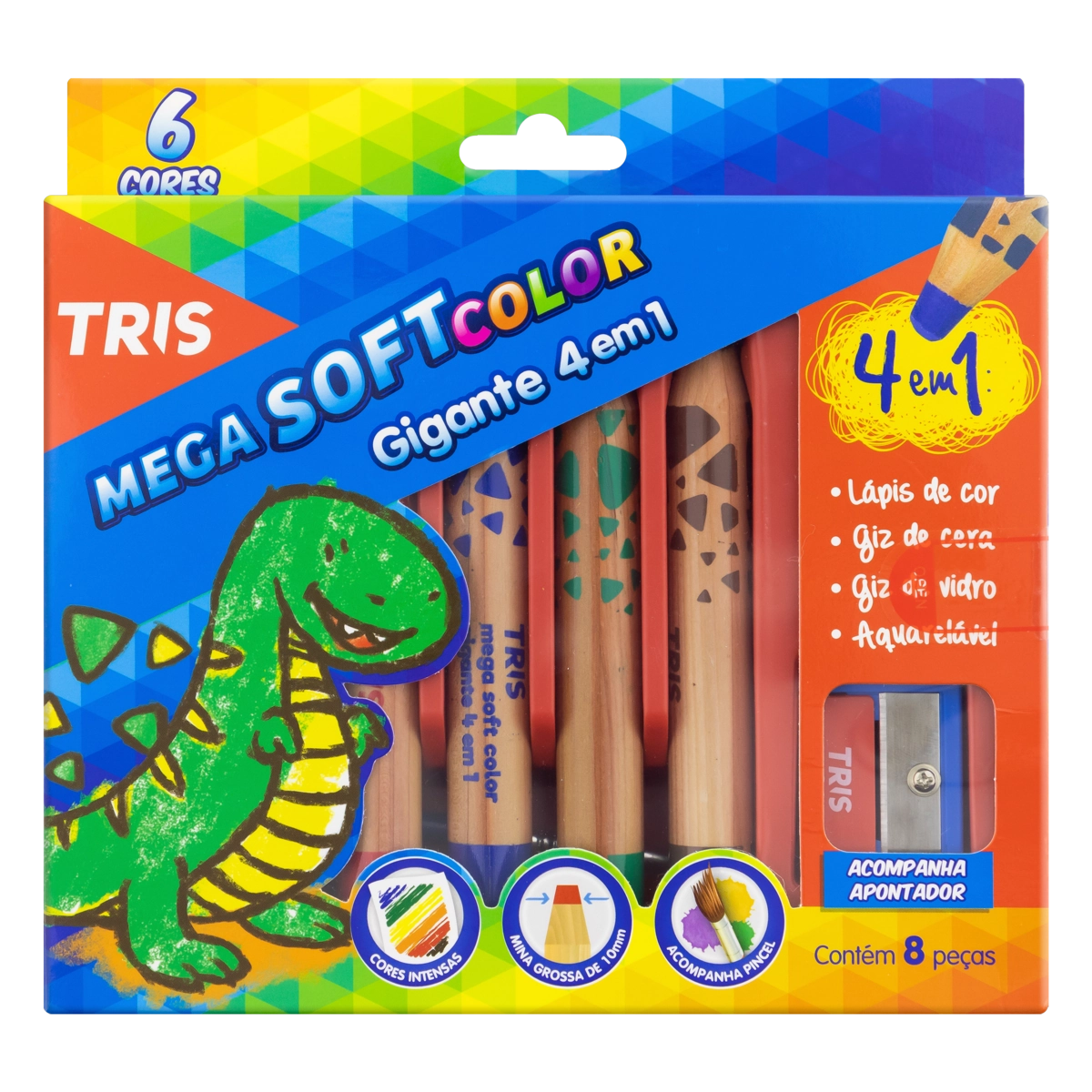 Kit 1 Apontador 1 Pincel 6 Lápis De Cor Jumbo Tris Mega Soft Color