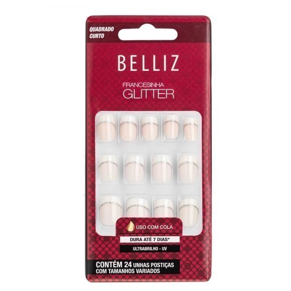 Unhas Postiças Belliz Francesinha Glitter 24 Unidades